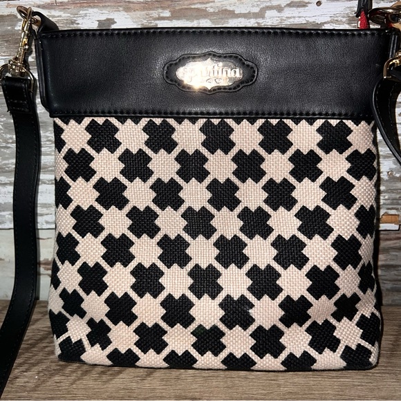 Spartina 449 Daufuskie Island crossbody purse Leather & Linen Black & Tan - Picture 2 of 8